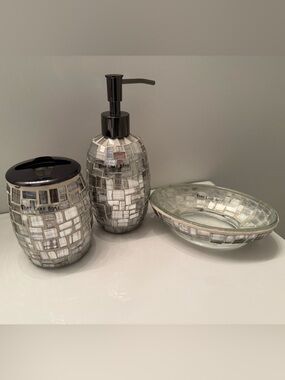 Silver Mosaic Home Bath Soap Dispenser pump, soap dish and toothbrush holder